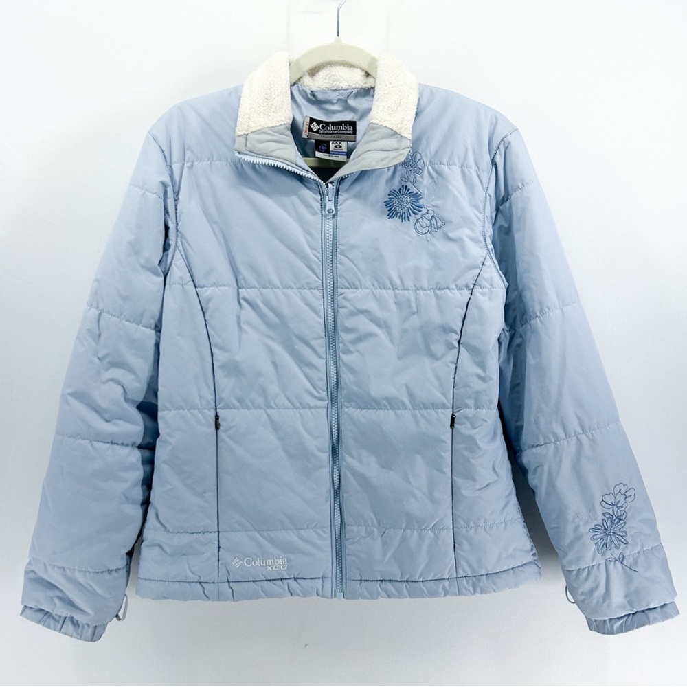 Retro Y2K Columbia Sky Blue Floral Embroidered Puffer Jacket Sherpa Collar